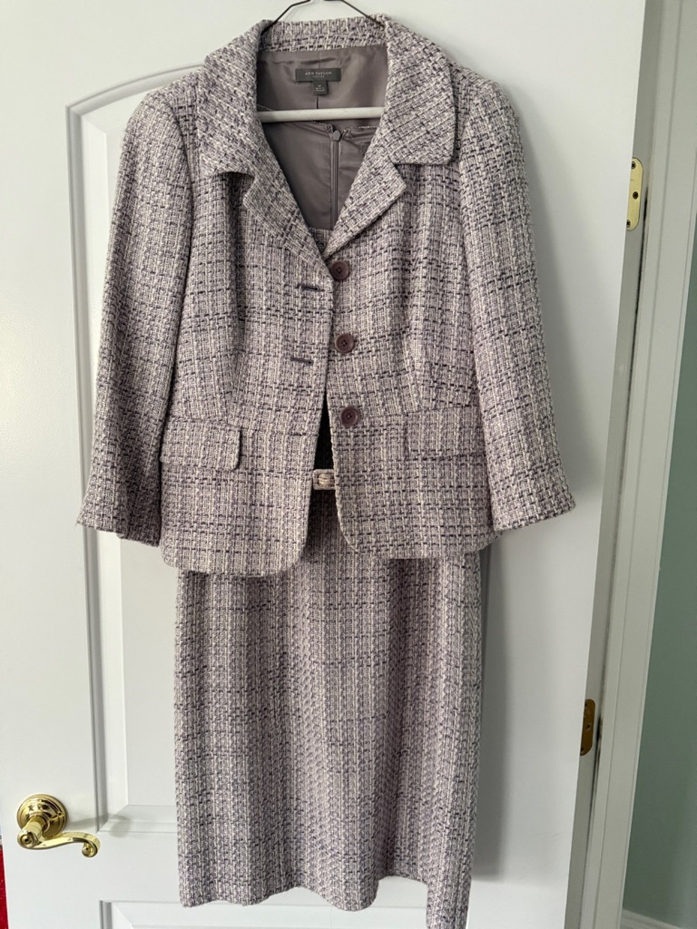 Ann Taylor Lavender Tweed Two-Piece Blazer and Skirt Set